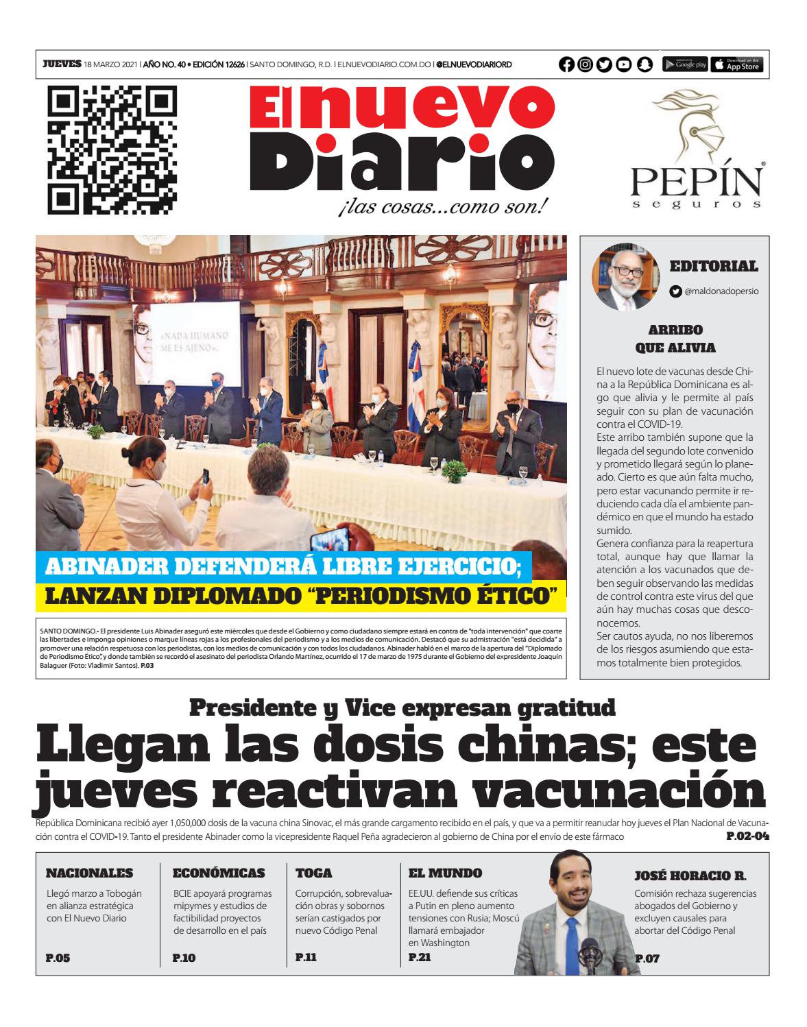 Portada Periódico El Nuevo Diario, Jueves 18 de Marzo, 2021