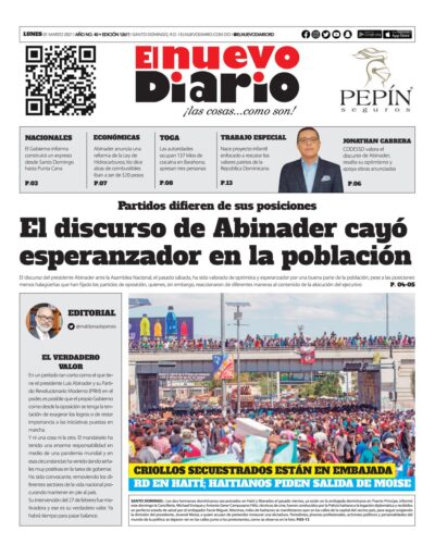 Portada Periódico El Nuevo Diario, Lunes 01 de Marzo, 2021