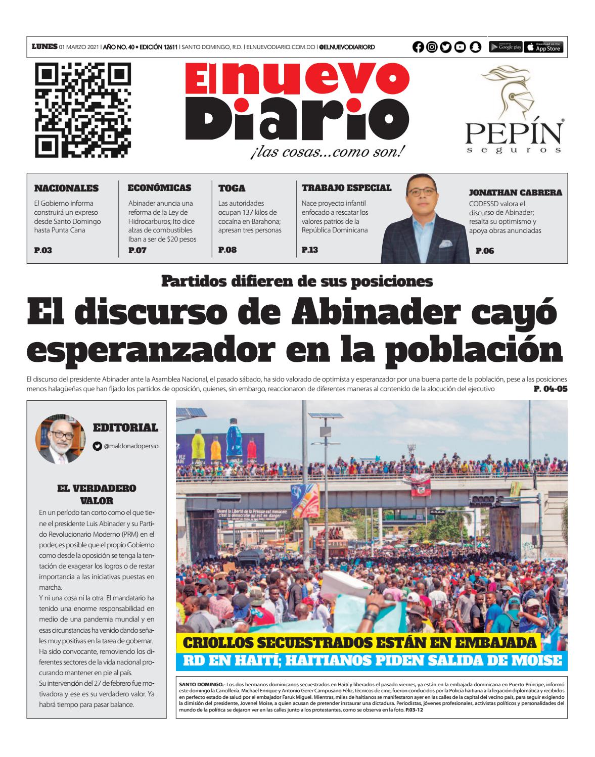 Portada Periódico El Nuevo Diario, Lunes 01 de Marzo, 2021