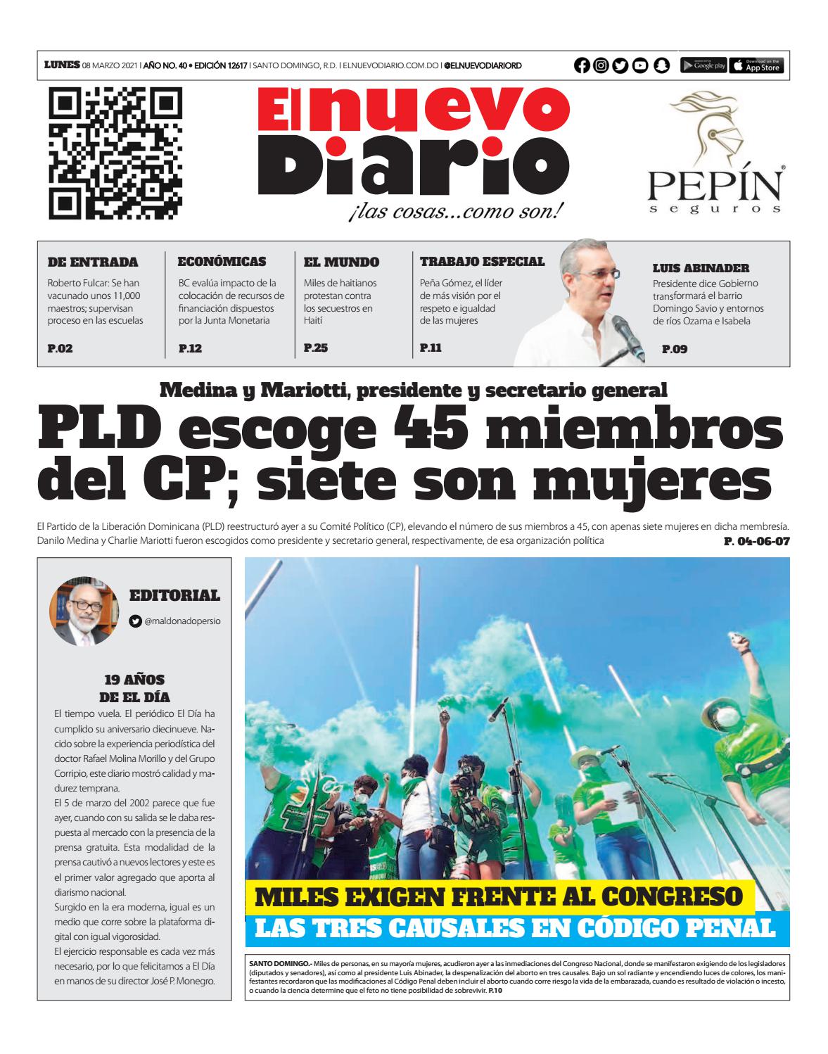 Portada Periódico El Nuevo Diario, Lunes 08 de Marzo, 2021