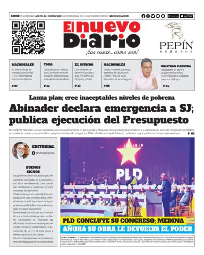 Portada Periódico El Nuevo Diario, Lunes 15 de Marzo, 2021