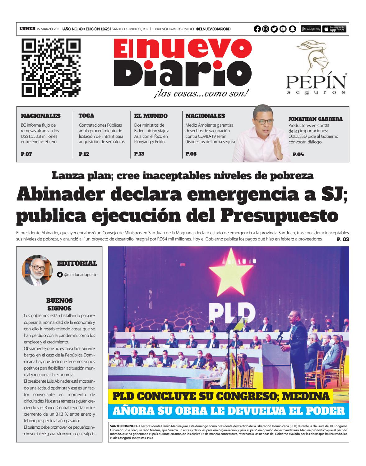 Portada Periódico El Nuevo Diario, Lunes 15 de Marzo, 2021