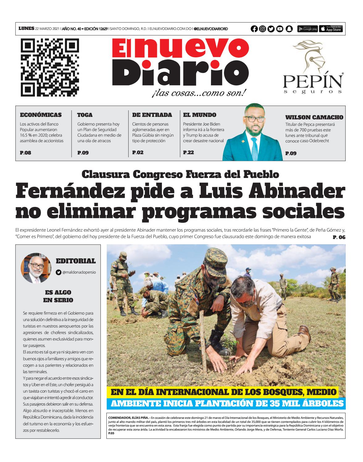 Portada Periódico El Nuevo Diario, Lunes 22 de Marzo, 2021