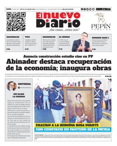 Portada Periódico El Nuevo Diario, Lunes 29 de Marzo, 2021