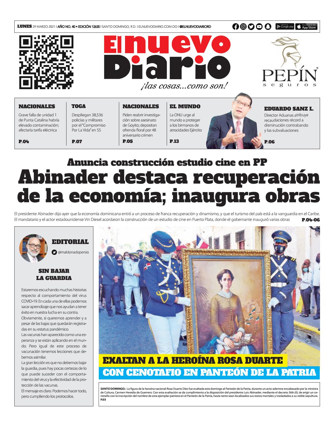 Portada Periódico El Nuevo Diario, Lunes 29 de Marzo, 2021