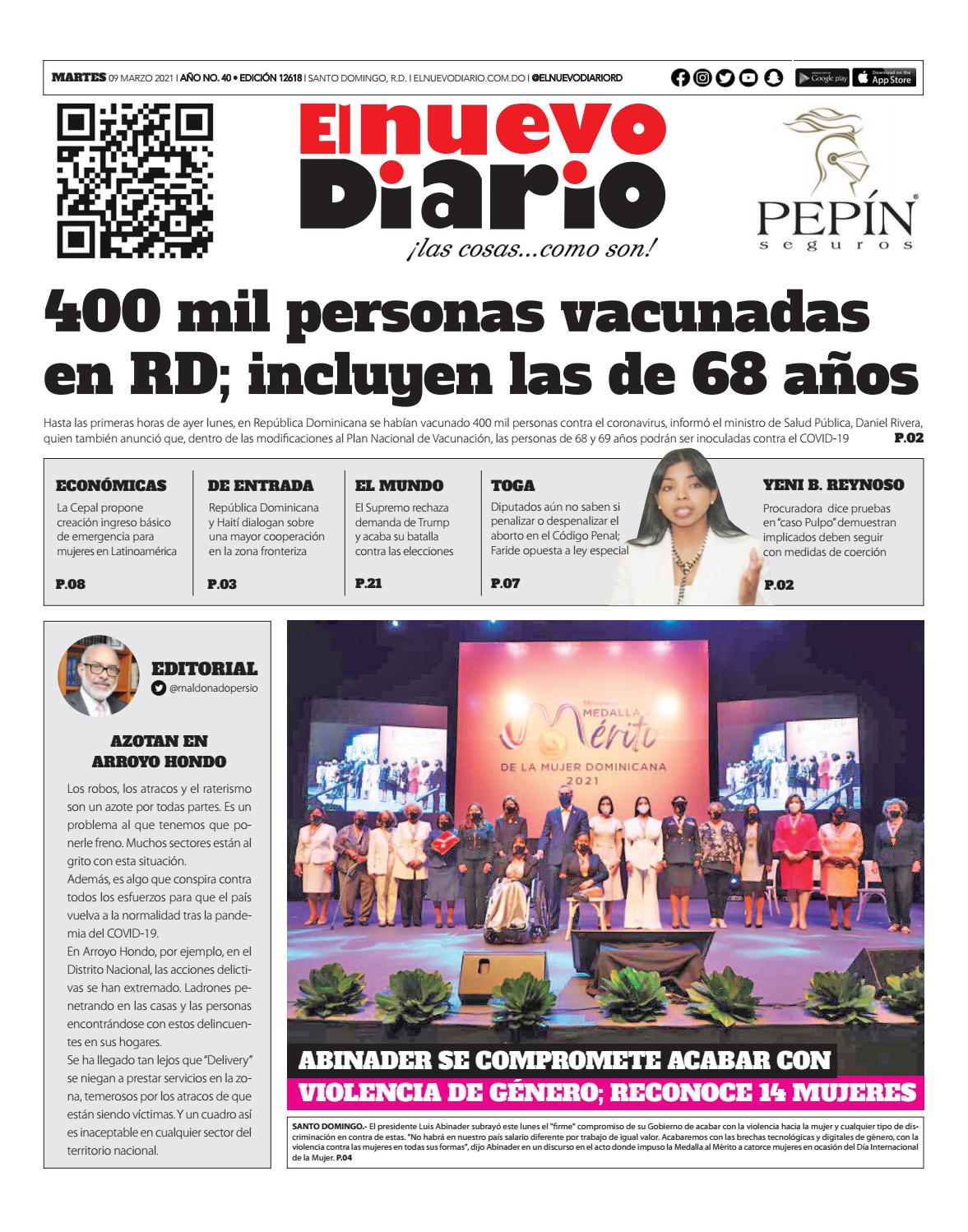 Portada Periódico El Nuevo Diario, Martes 09 de Marzo, 2021