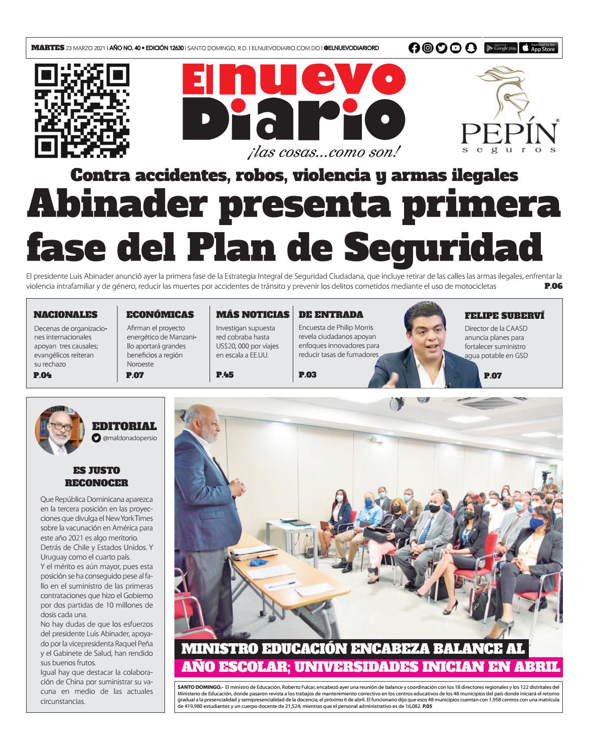 Portada Periódico El Nuevo Diario, Martes 23 de Marzo, 2021