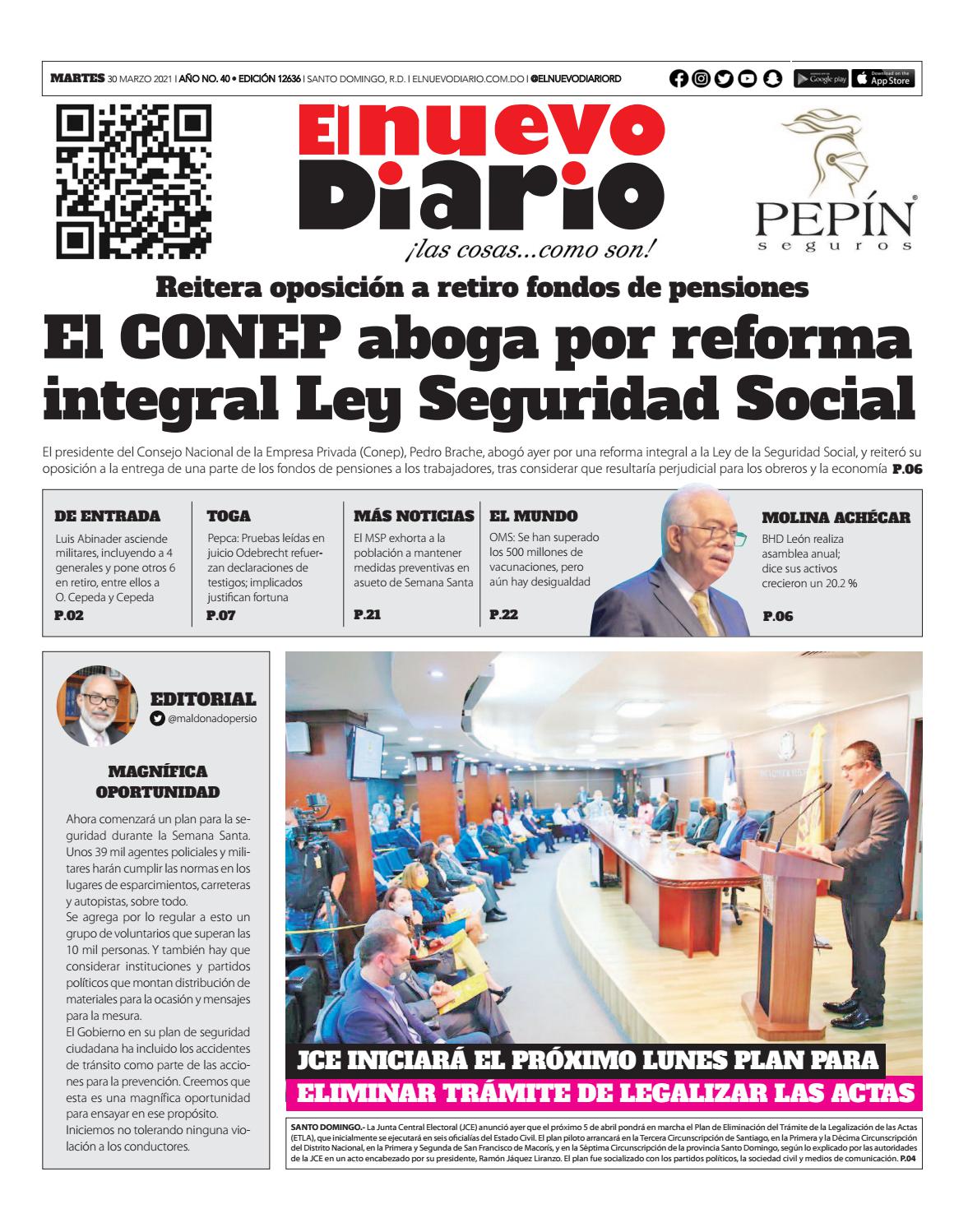 Portada Periódico El Nuevo Diario, Martes 30 de Marzo, 2021