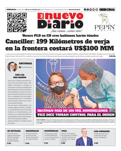 Portada Periódico El Nuevo Diario, Miércoles 03 de Marzo, 2021