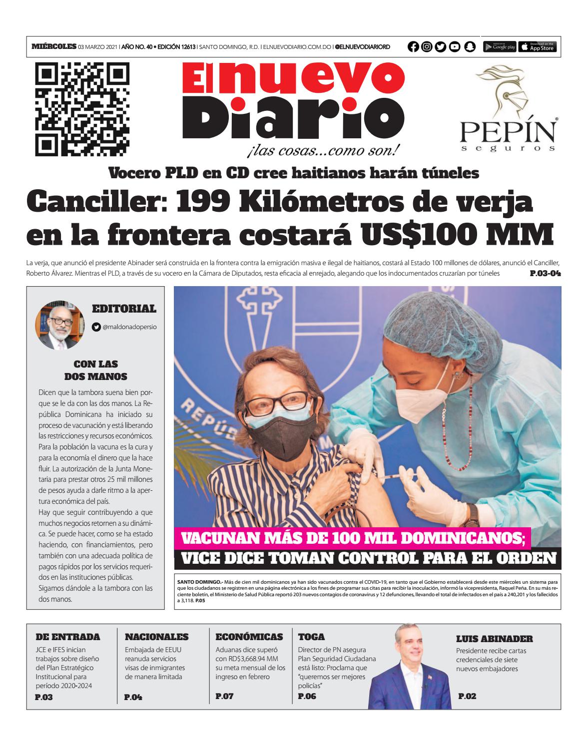 Portada Periódico El Nuevo Diario, Miércoles 03 de Marzo, 2021