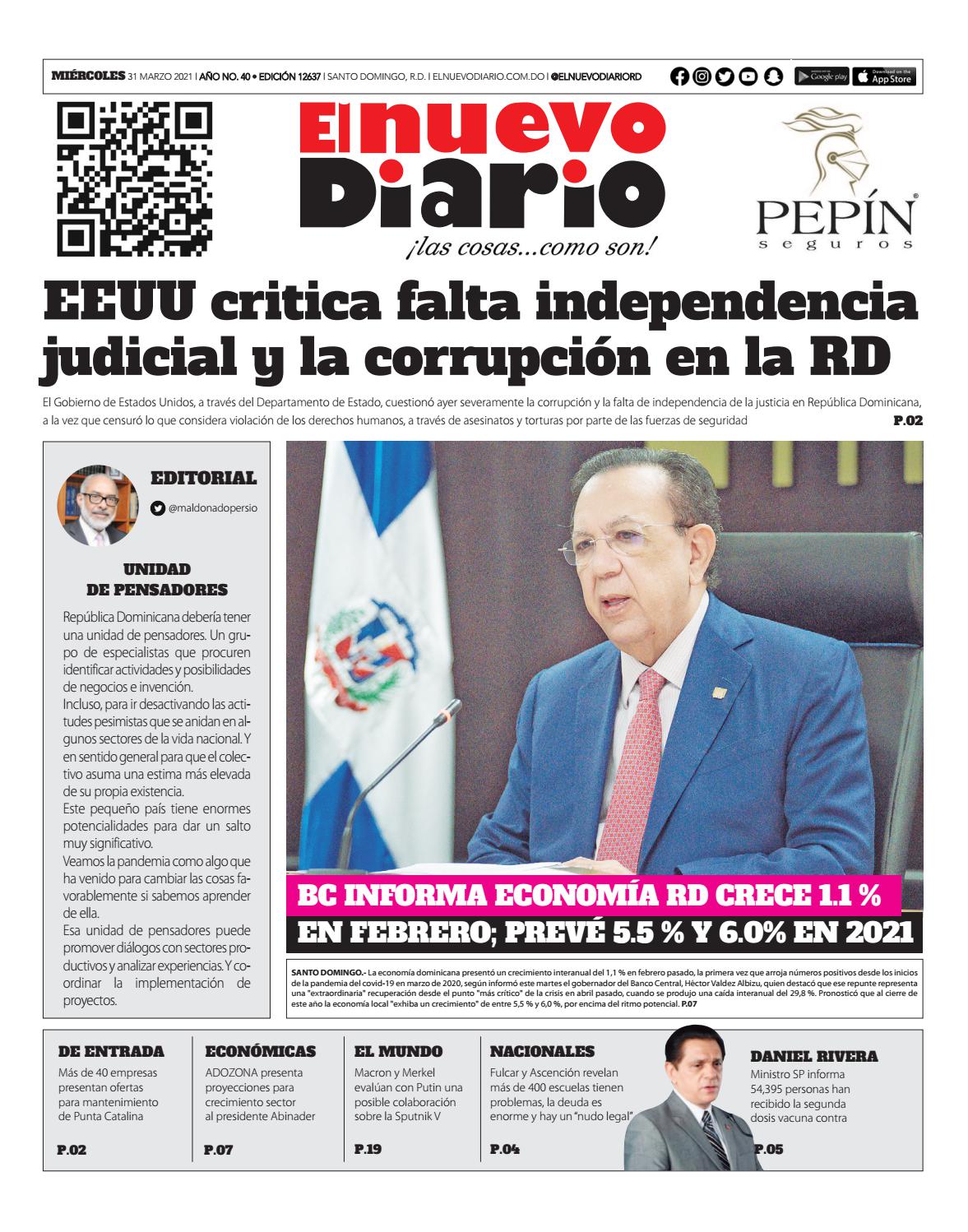 Portada Periódico El Nuevo Diario, Miércoles 31 de Marzo, 2021