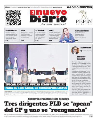 Portada Periódico El Nuevo Diario, Sábado 06 de Marzo, 2021