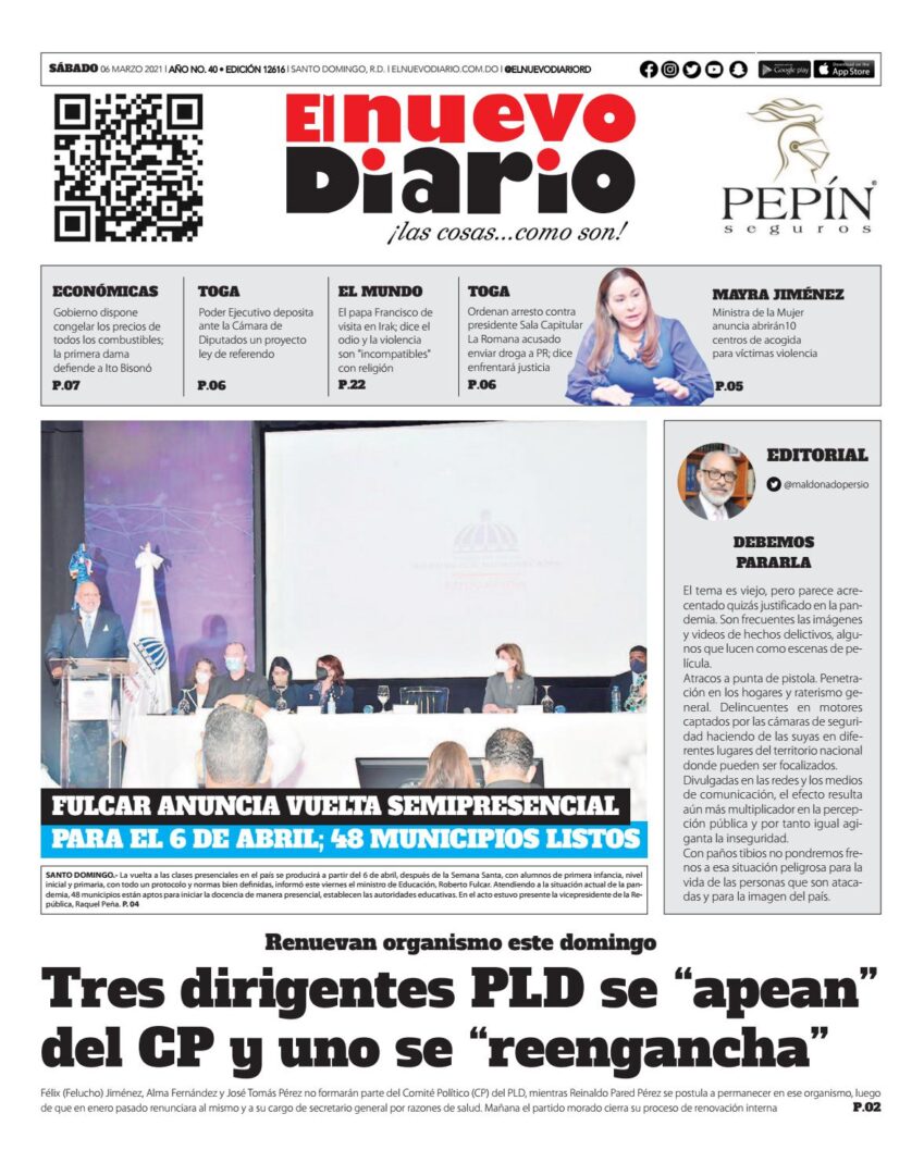 Portada Periódico El Nuevo Diario, Sábado 06 de Marzo, 2021