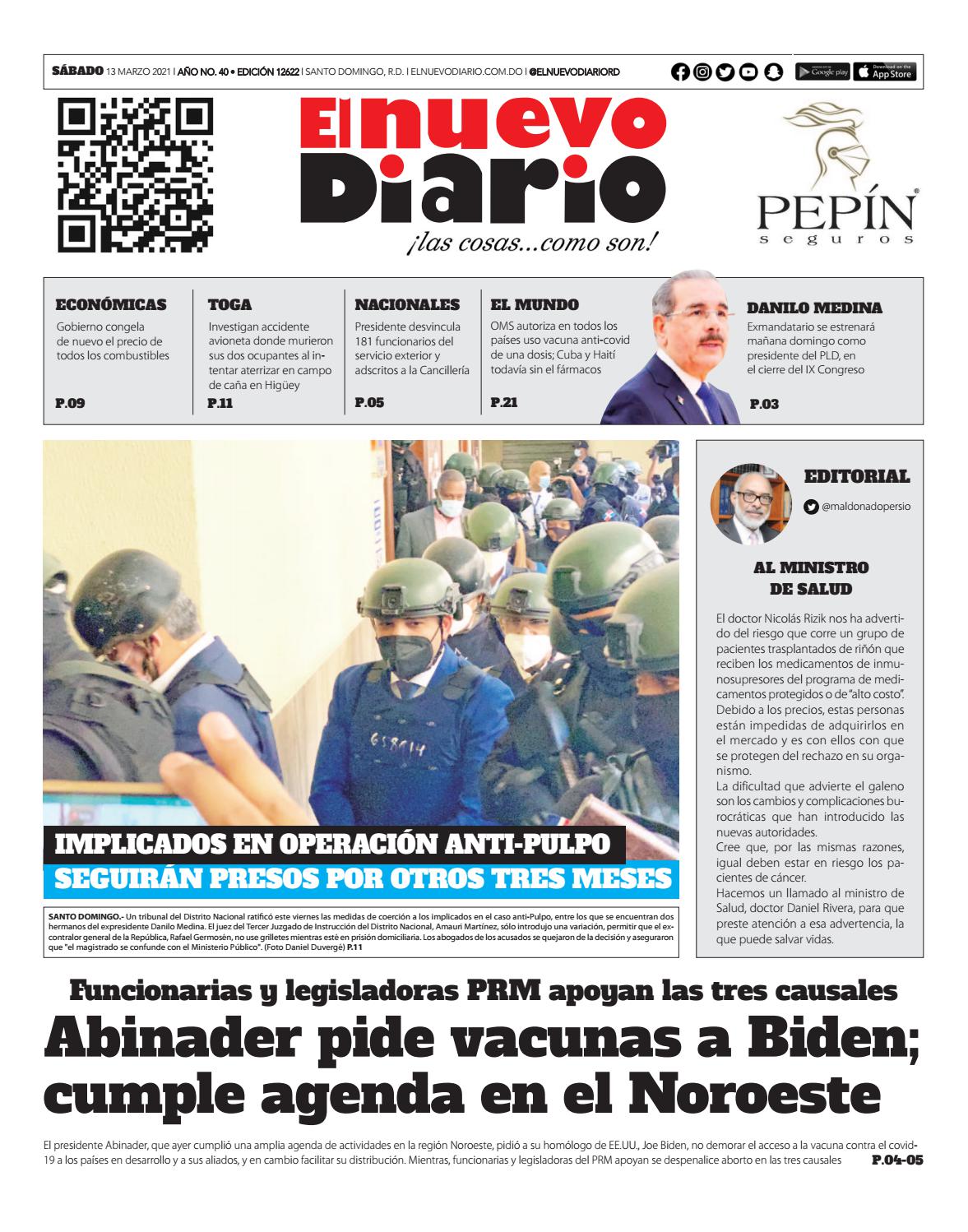 Portada Periódico El Nuevo Diario, Sábado 13 de Marzo, 2021