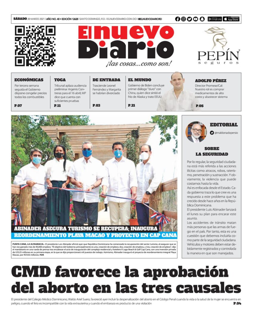 Portada Periódico El Nuevo Diario, Sábado 20 de Marzo, 2021