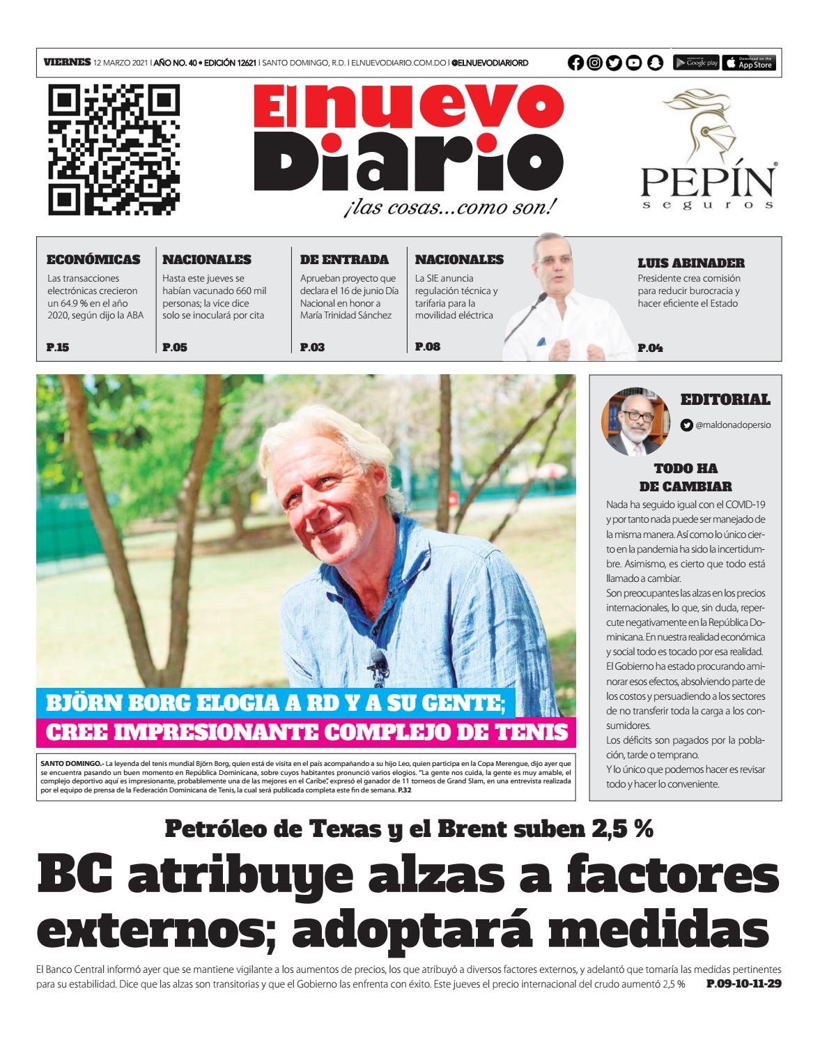 Portada Periódico El Nuevo Diario, Viernes 12 de Marzo, 2021