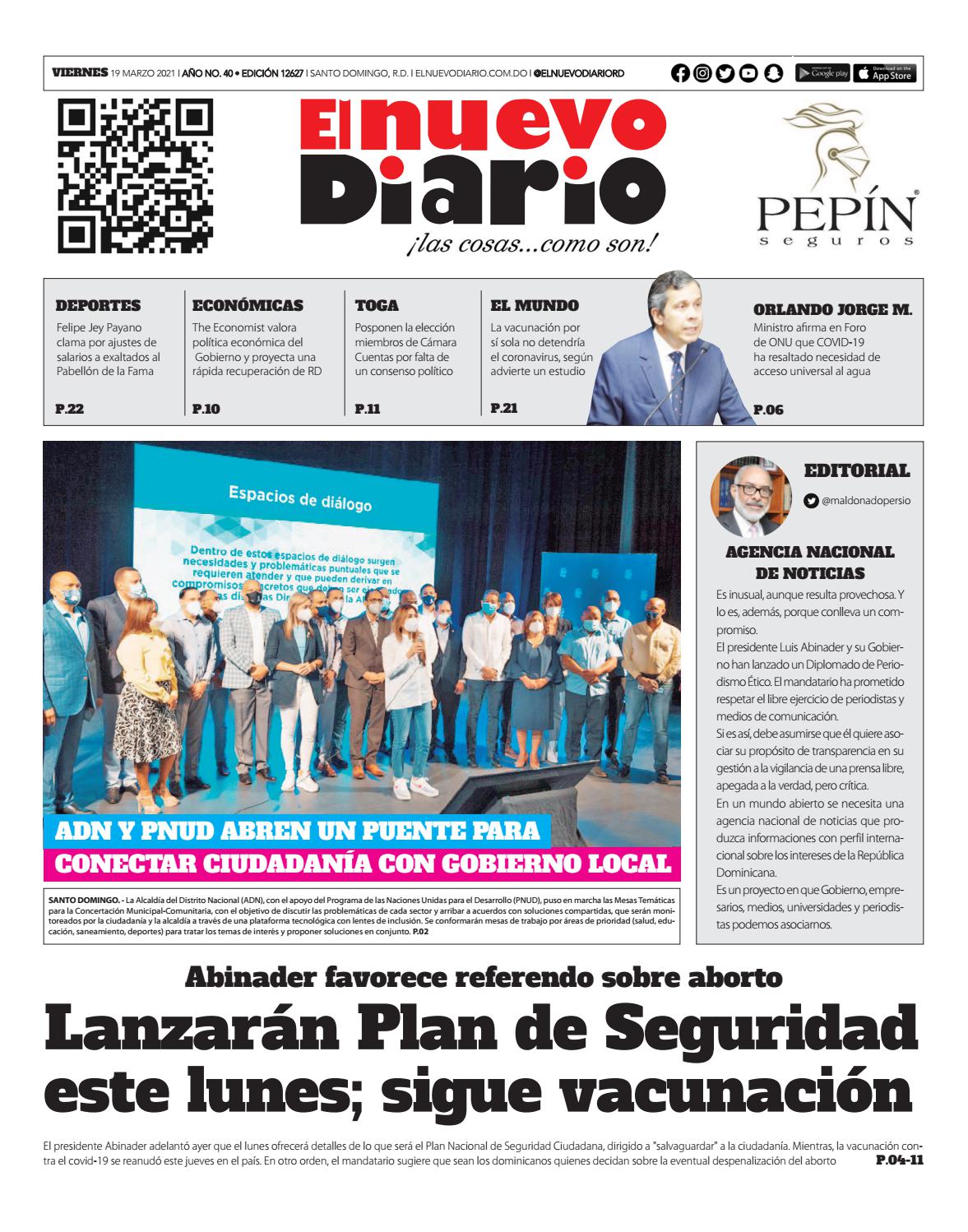Portada Periódico El Nuevo Diario, Viernes 19 de Marzo, 2021