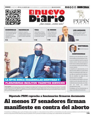 Portada Periódico El Nuevo Diario, Viernes 26 de Marzo, 2021