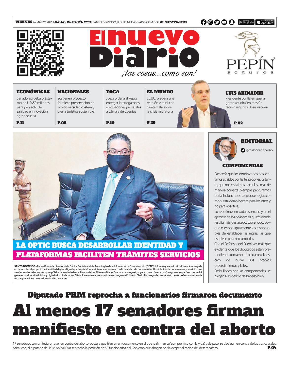 Portada Periódico El Nuevo Diario, Viernes 26 de Marzo, 2021