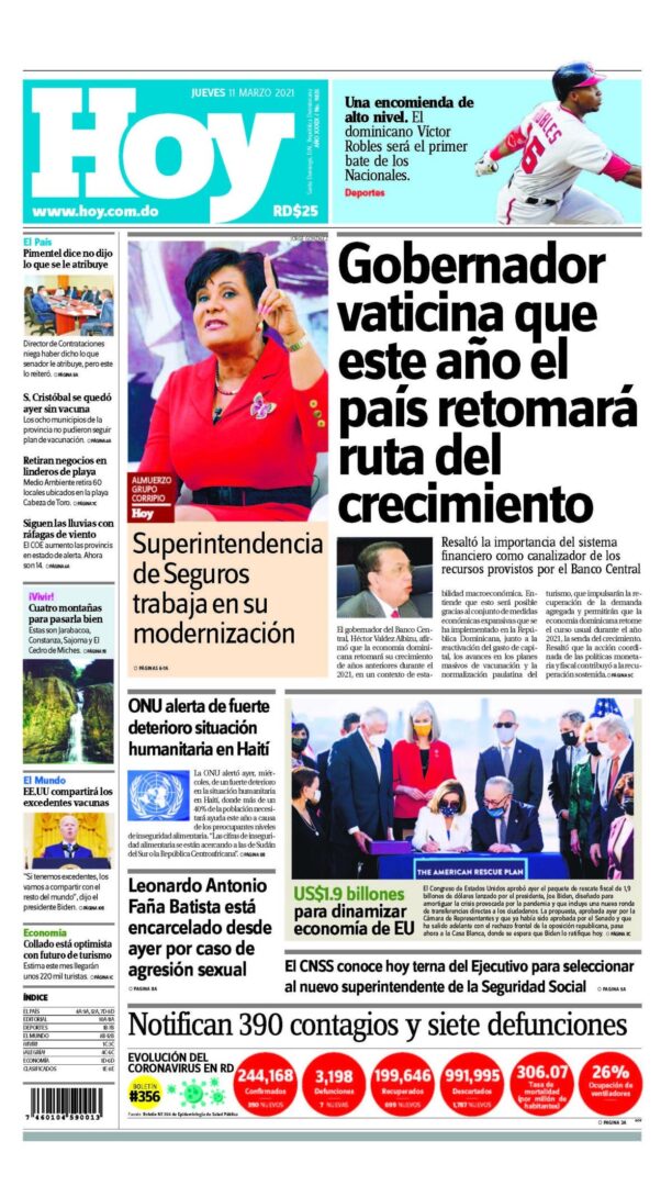 Portada Periódico Hoy, Jueves 11 de Marzo, 2021