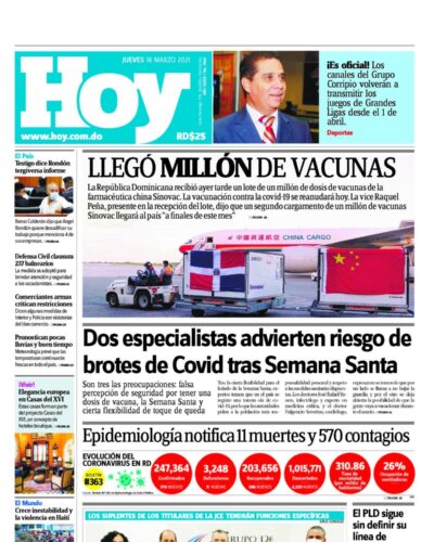 Portada Periódico Hoy, Jueves 18 de Marzo, 2021