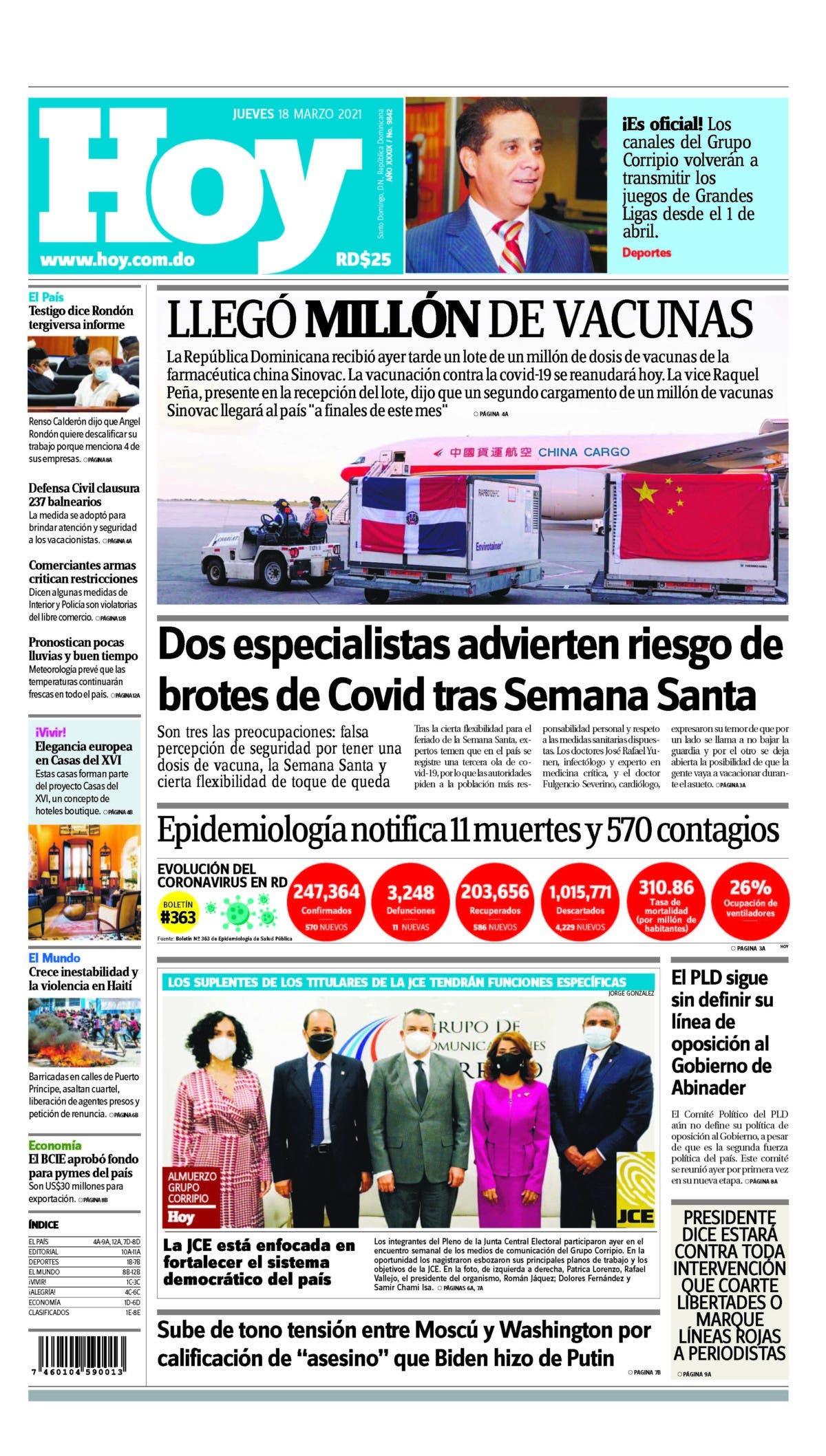 Portada Periódico Hoy, Jueves 18 de Marzo, 2021