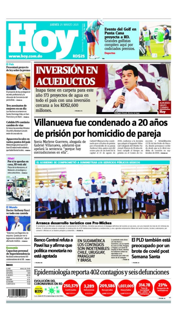 Portada Periódico Hoy, Jueves 25 de Marzo, 2021