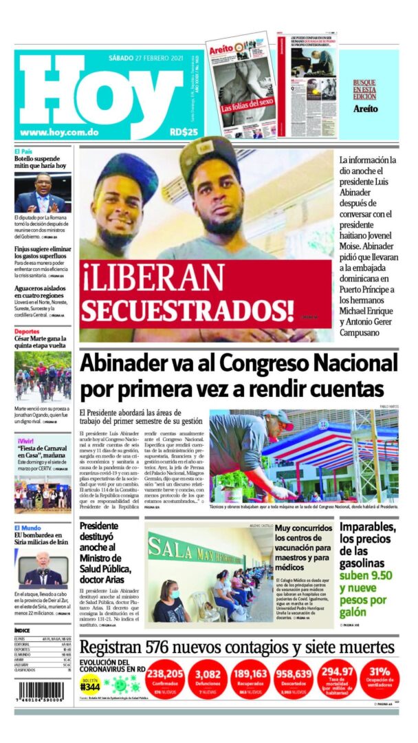 Portada Periódico Hoy, Lunes 01 de Marzo, 2021