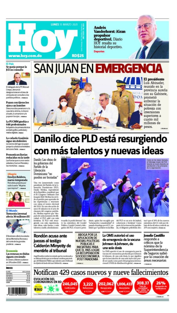 Portada Periódico Hoy, Lunes 15 de Marzo, 2021