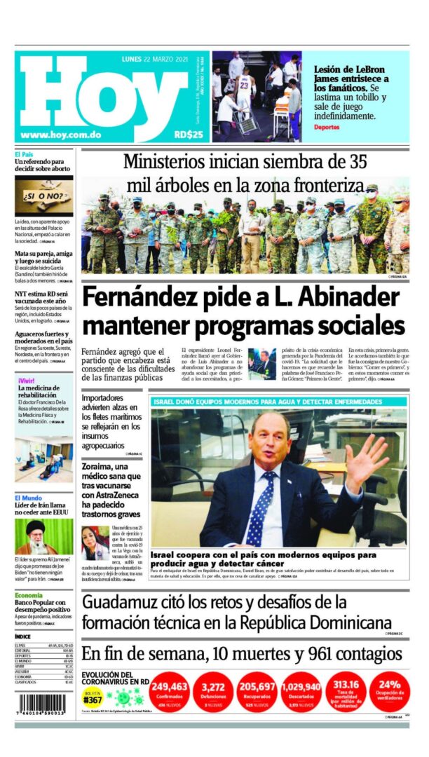 Portada Periódico Hoy, Lunes 22 de Marzo, 2021