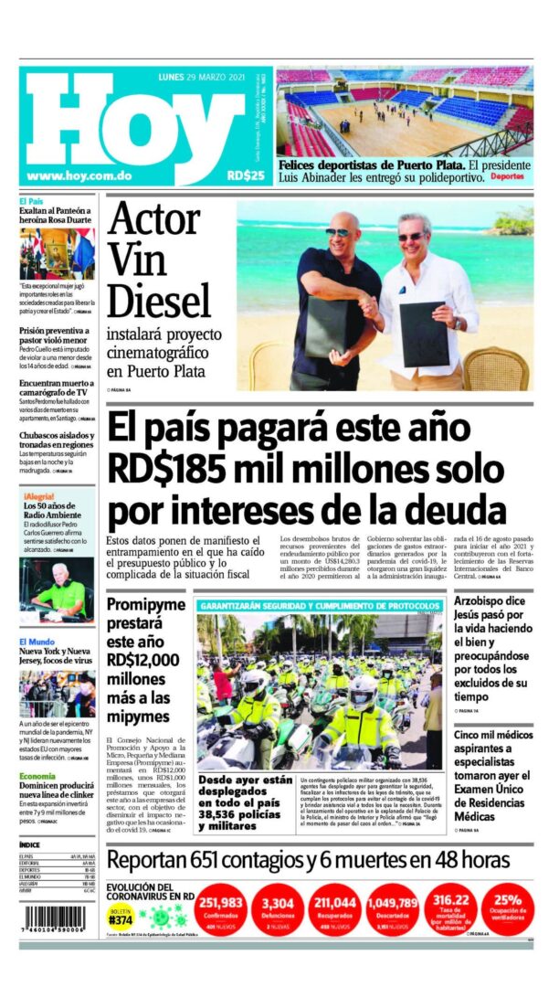 Portada Periódico Hoy, Lunes 29 de Marzo, 2021