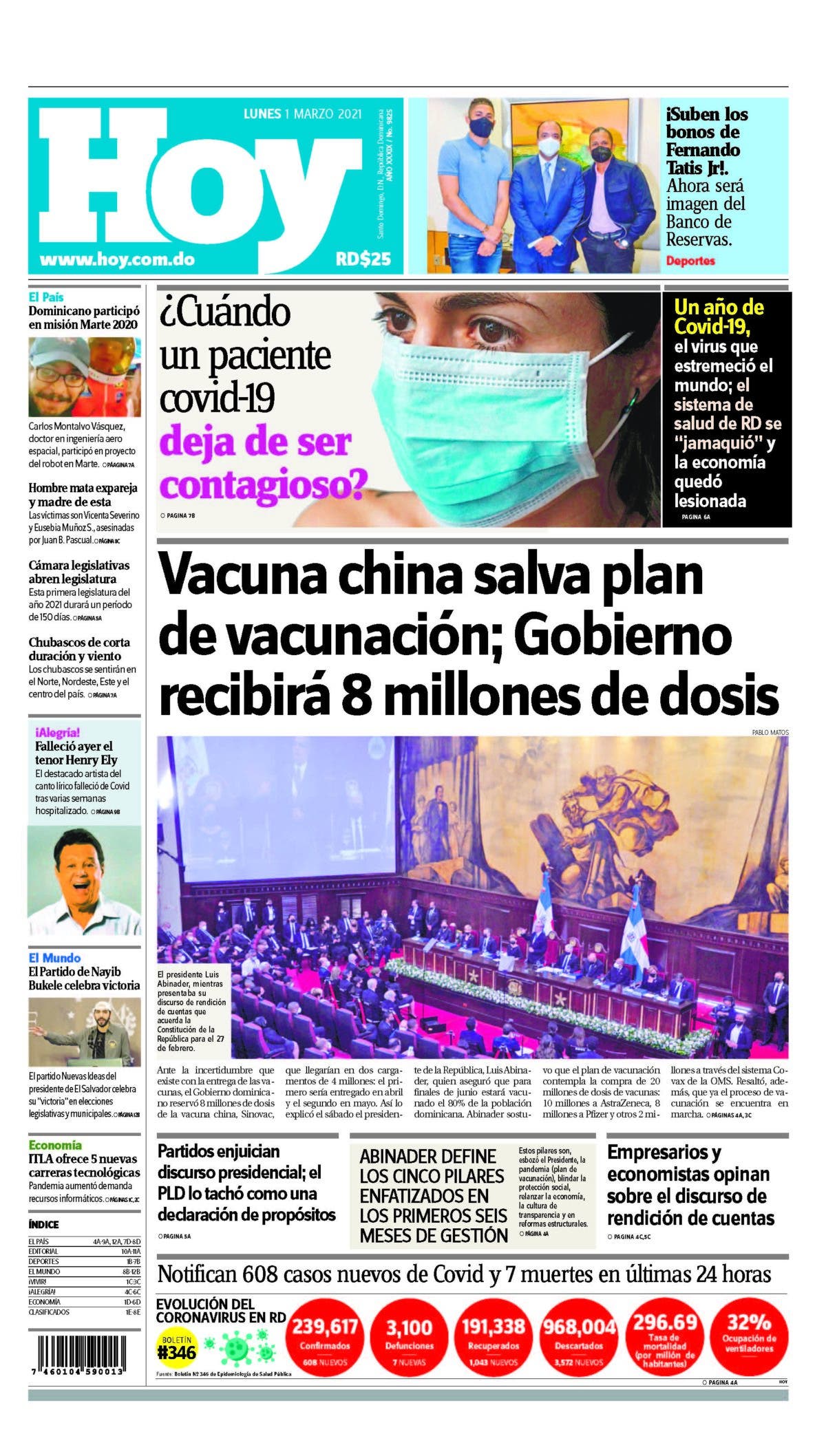 Portada Periódico Hoy, Martes 02 de Marzo, 2021