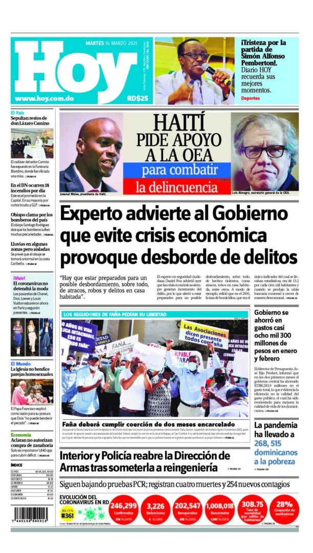 Portada Periódico Hoy, Martes 16 de Marzo, 2021