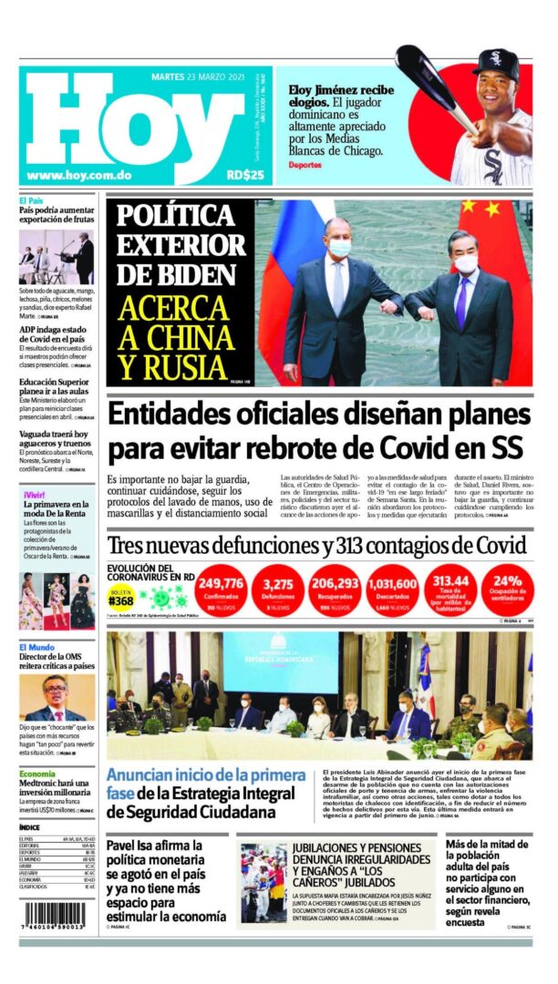 Portada Periódico Hoy, Martes 23 de Marzo, 2021