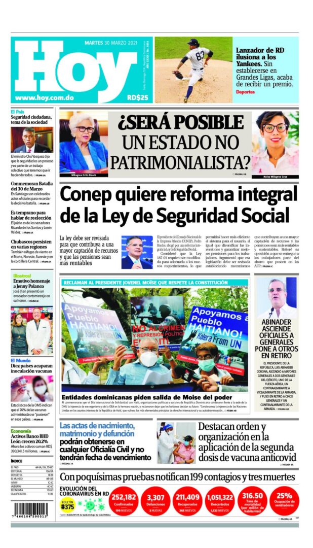 Portada Periódico Hoy, Martes 30 de Marzo, 2021