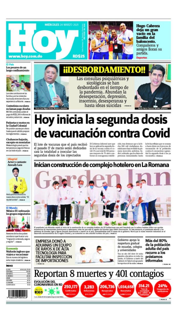 Portada Periódico Hoy, Miércoles 24 de Marzo, 2021