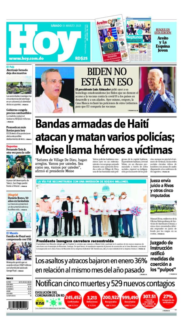 Portada Periódico Hoy, Sábado 13 de Marzo, 2021
