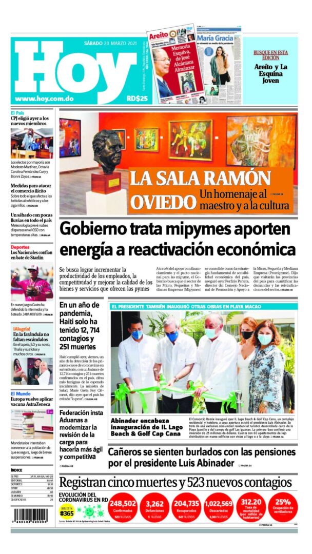 Portada Periódico Hoy, Sábado 20 de Marzo, 2021