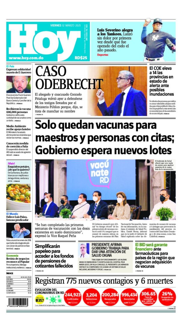 Portada Periódico Hoy, Viernes 12 de Marzo, 2021