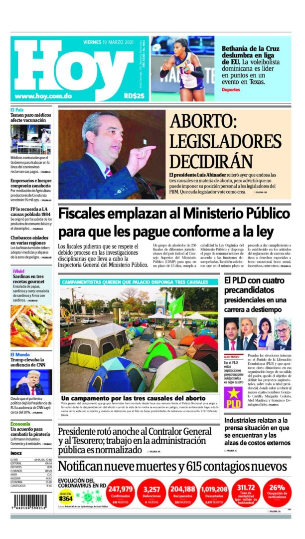 Portada Periódico Hoy, Viernes 19 de Marzo, 2021