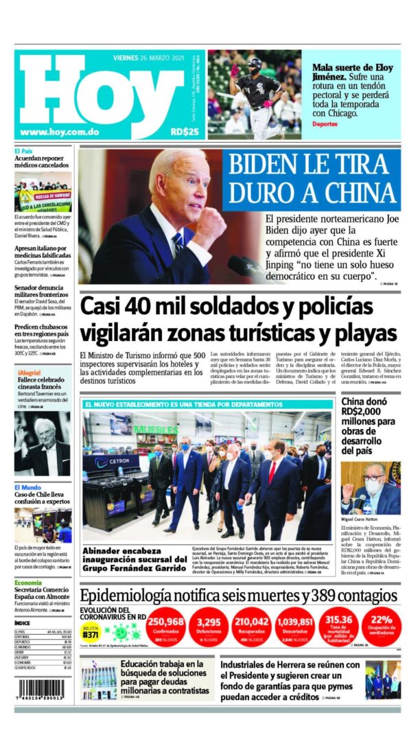 Portada Periódico Hoy, Viernes 26 de Marzo, 2021