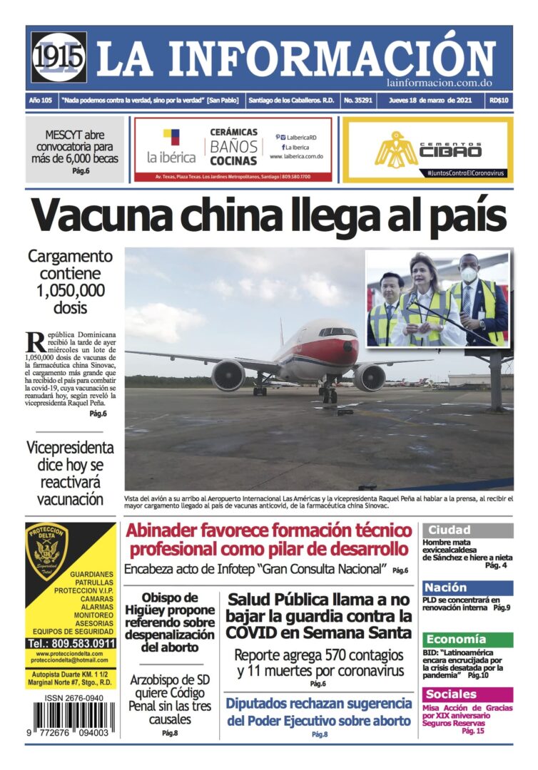 Portada Periódico La Información, Jueves 18 de Marzo, 2021