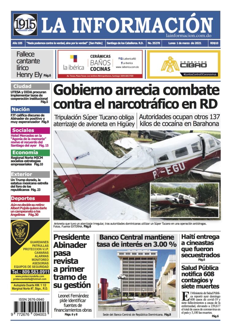 Portada Periódico La Información, Lunes 01 de Marzo, 2021