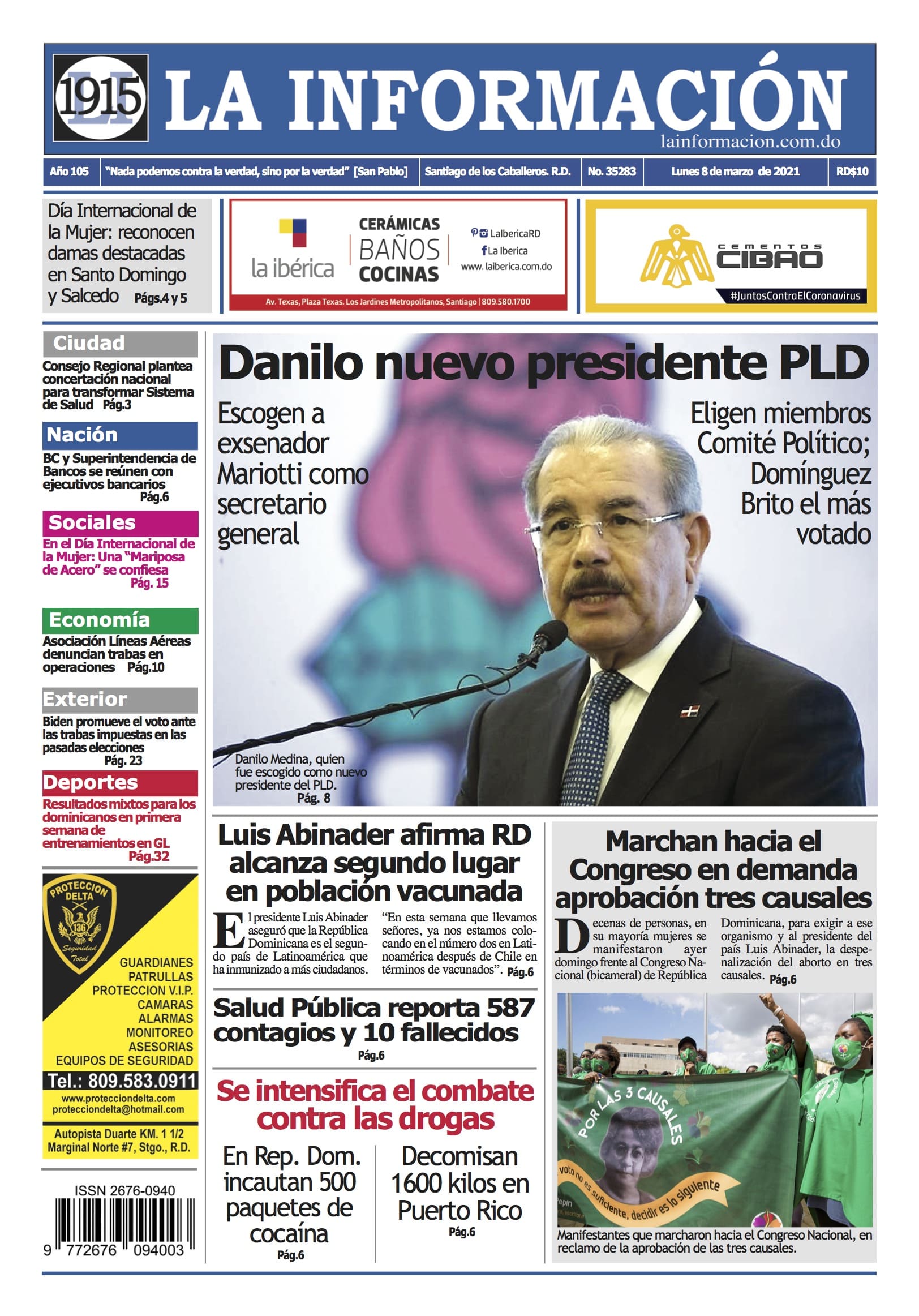 Portada Periódico La Información, Lunes 08 de Marzo, 2021