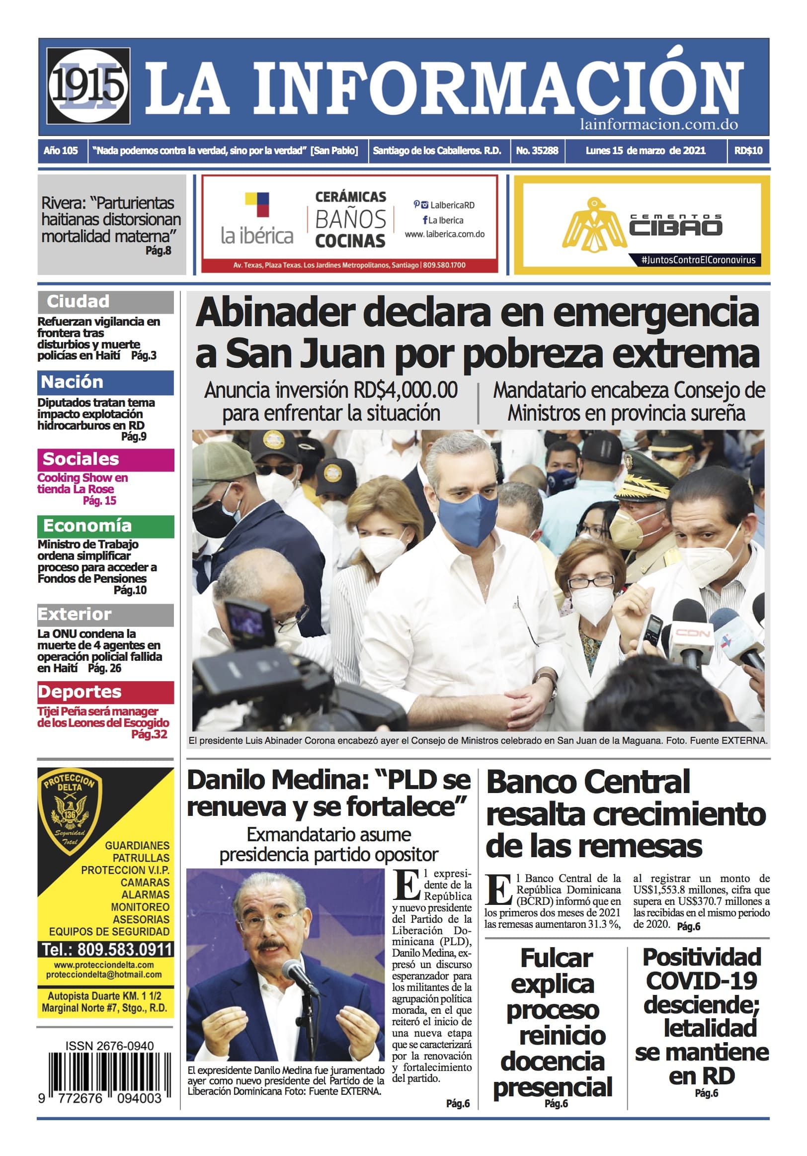 Portada Periódico La Información, Lunes 15 de Marzo, 2021