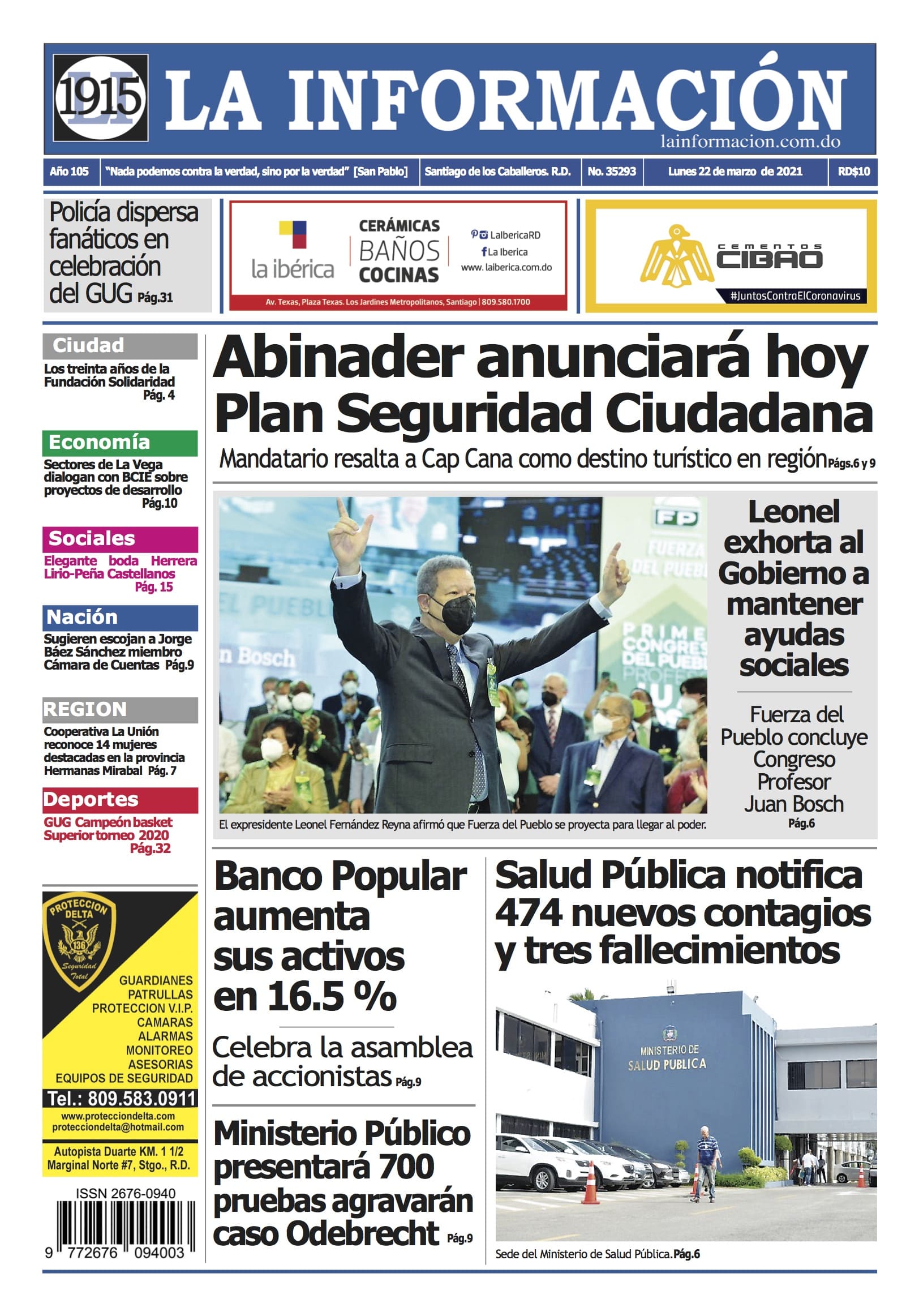 Portada Periódico La Información, Lunes 22 de Marzo, 2021