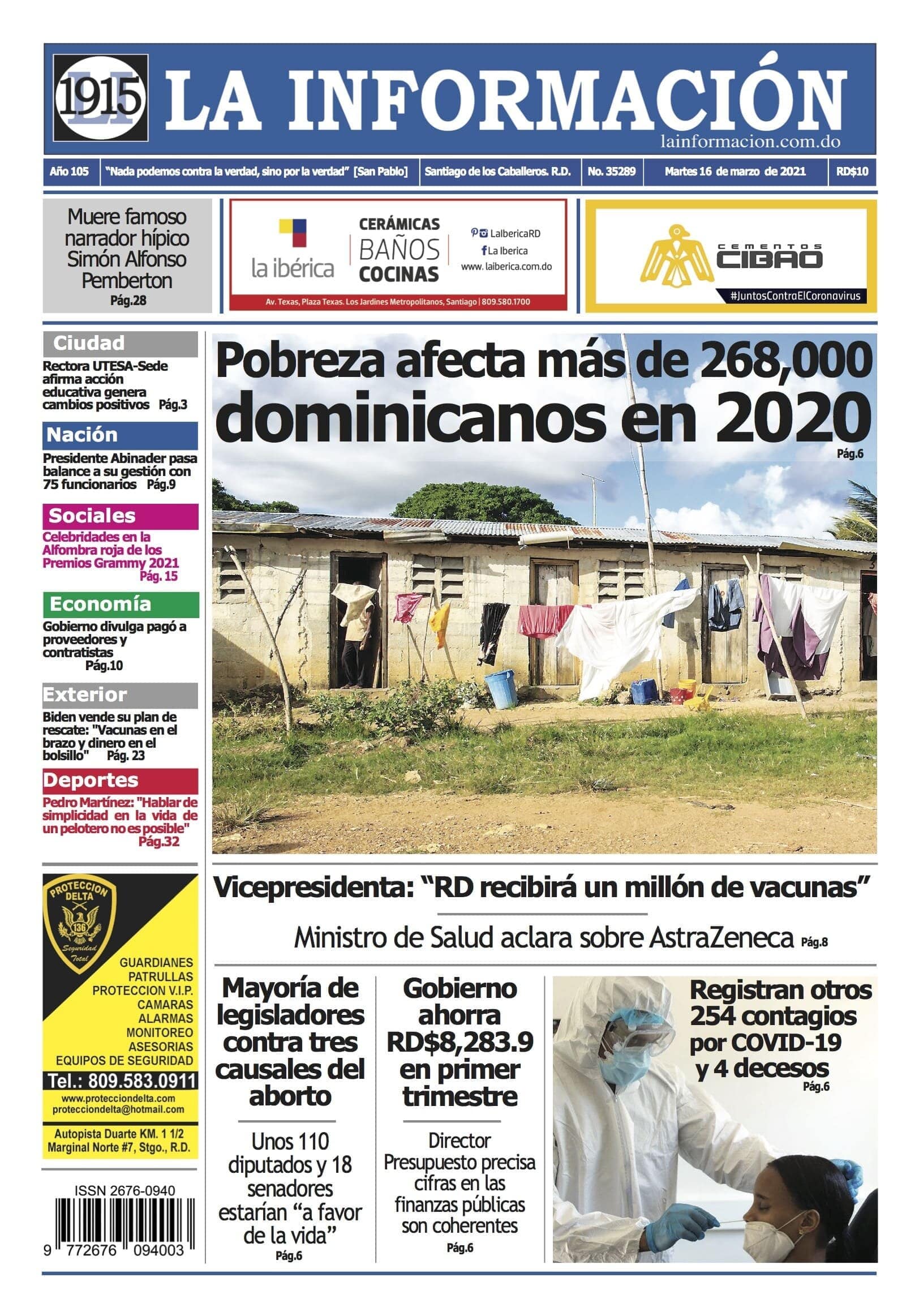 Portada Periódico La Información, Martes 16 de Marzo, 2021