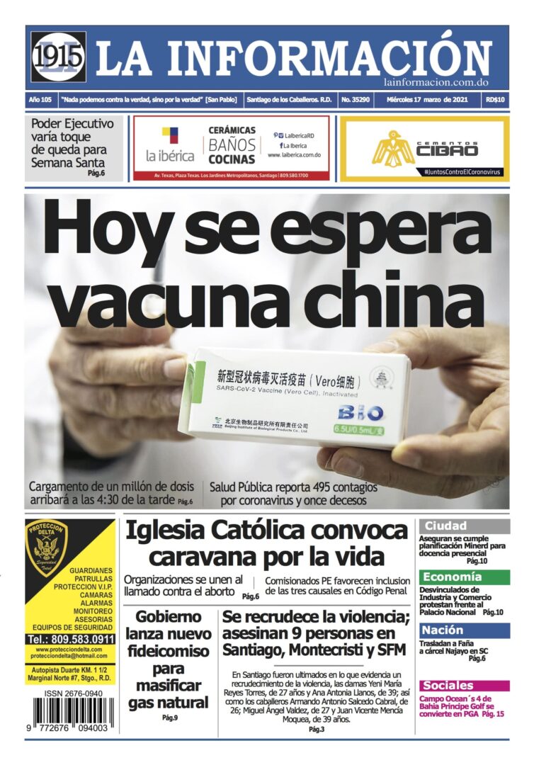 Portada Periódico La Información, Miércoles 17 de Marzo, 2021