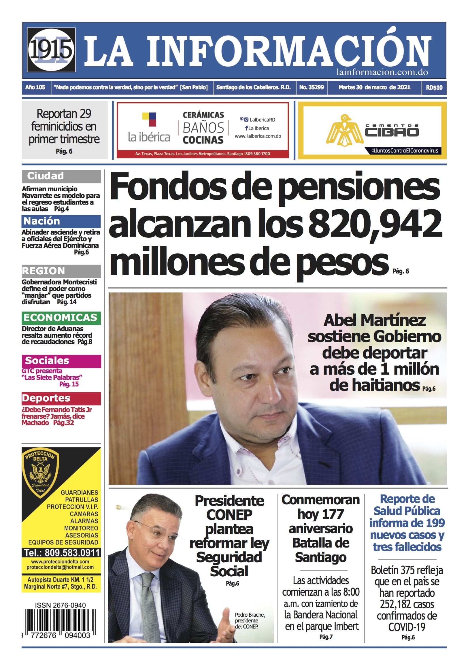 Portada Periódico La Información, Miércoles 31 de Marzo, 2021