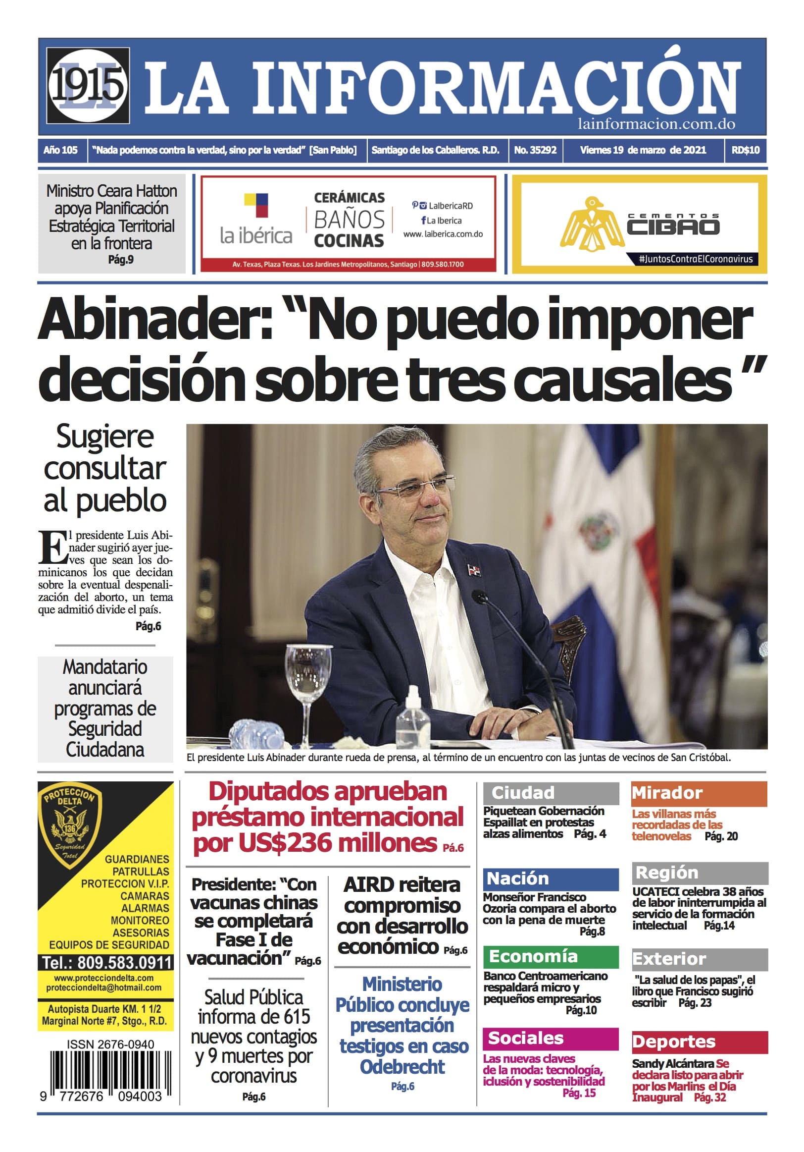 Portada Periódico La Información, Viernes 19 de Marzo, 2021